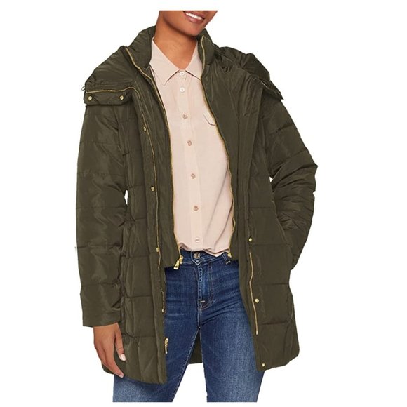 DEFECT Cole Haan Womens Taffeta Down Coat With Bib Deep Forest Size L $250 5D332 - Picture 1 of 3